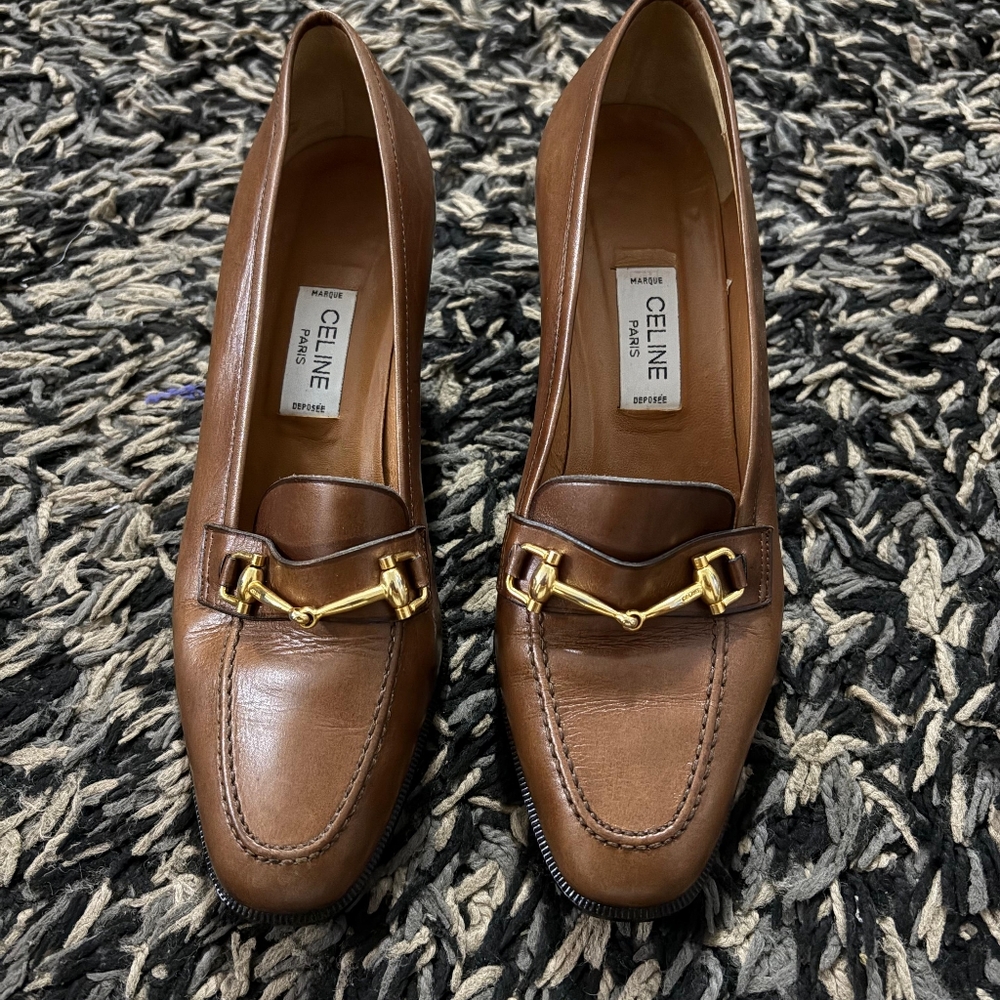 Vintage CELINE Paris Brown Leather Horsebit Loafer Pumps Heels Italy. 37.5